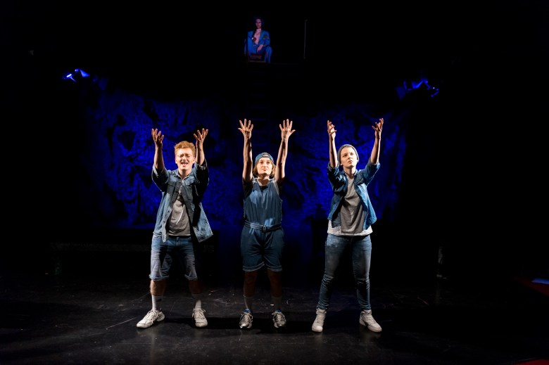 Sterling Hornack (Rafe), Lisa Eisold (Robin), Romy Meine (Dick) and Tobias Turowski (Neptune) in Gallathea, at Schnürschuh Theaterhaus. Photo by Lukas Klose